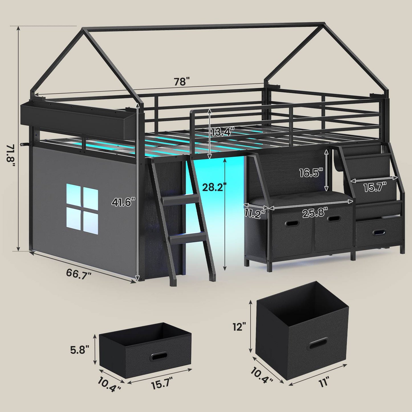 ADORNEVE Low Loft Bed Full Size with Bookshelf and Reading Nook Kids LED Loft Bed with 3 Drawers and Under-Bed Play Space Loft Bed with Safety Guardrail and Inclined Ladde Play Curtain