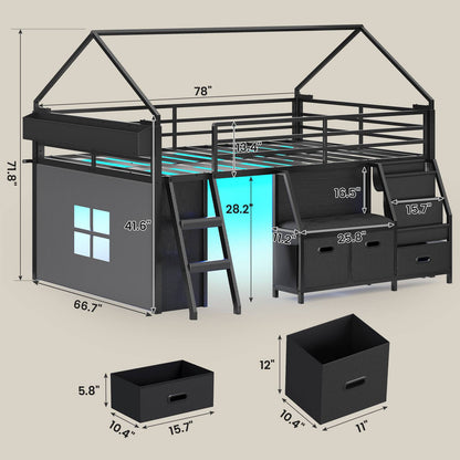 ADORNEVE Low Loft Bed Full Size with Bookshelf and Reading Nook Kids LED Loft Bed with 3 Drawers and Under-Bed Play Space Loft Bed with Safety Guardrail and Inclined Ladde Play Curtain