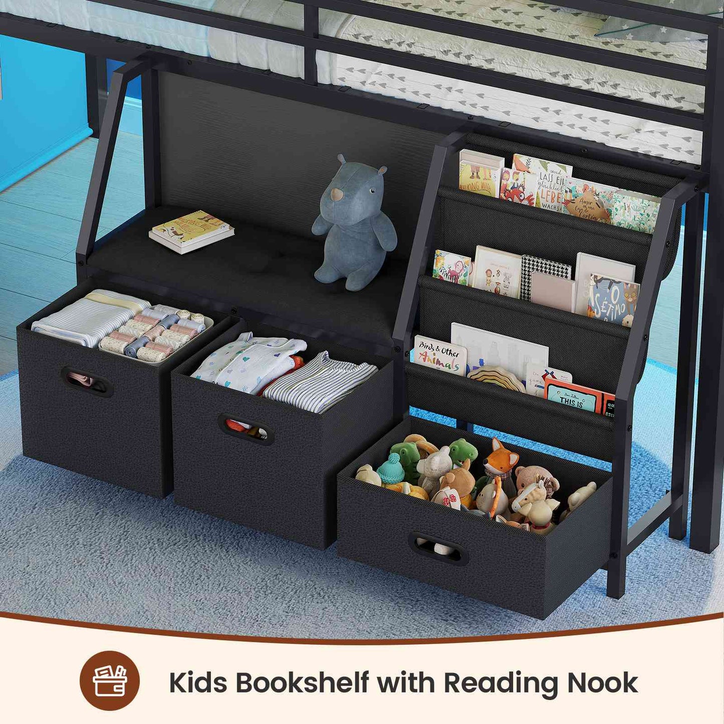 ADORNEVE Low Loft Bed Full Size with Bookshelf and Reading Nook Kids LED Loft Bed with 3 Drawers and Under-Bed Play Space Loft Bed with Safety Guardrail and Inclined Ladde Play Curtain
