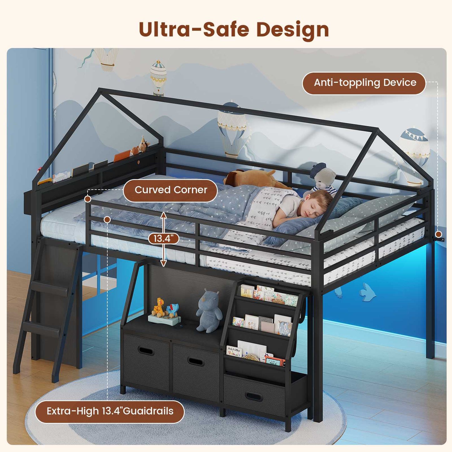 ADORNEVE Low Loft Bed Full Size with Bookshelf and Reading Nook Kids LED Loft Bed with 3 Drawers and Under-Bed Play Space Loft Bed with Safety Guardrail and Inclined Ladde Play Curtain