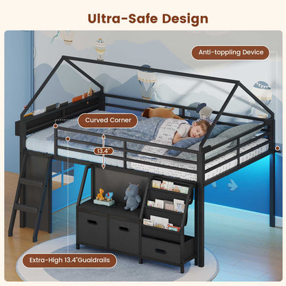 ADORNEVE Low Loft Bed Full Size with Bookshelf and Reading Nook Kids LED Loft Bed with 3 Drawers and Under-Bed Play Space Loft Bed with Safety Guardrail and Inclined Ladde Play Curtain