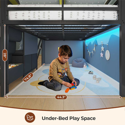 ADORNEVE Low Loft Bed Full Size with Bookshelf and Reading Nook Kids LED Loft Bed with 3 Drawers and Under-Bed Play Space Loft Bed with Safety Guardrail and Inclined Ladde Play Curtain