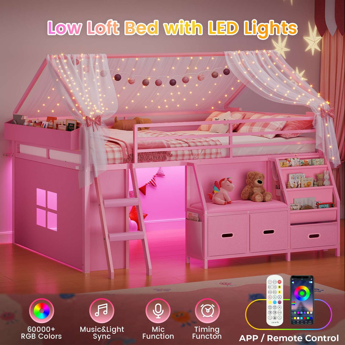 ADORNEVE Low Loft Bed Full Size with Bookshelf and Reading Nook Kids LED Loft Bed with 3 Drawers and Under-Bed Play Space Loft Bed with Safety Guardrail and Inclined Ladde Play Curtain