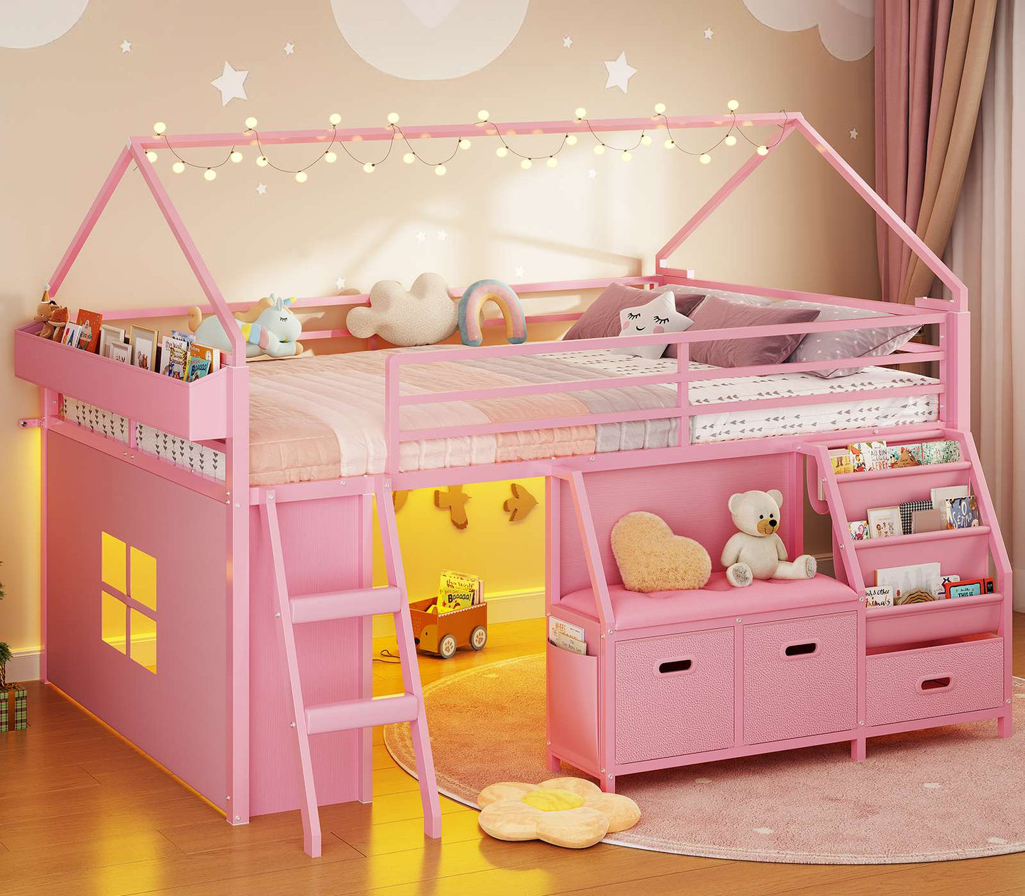 ADORNEVE Low Loft Bed Full Size with Bookshelf and Reading Nook Kids LED Loft Bed with 3 Drawers and Under-Bed Play Space Loft Bed with Safety Guardrail and Inclined Ladde Play Curtain