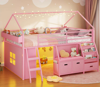 ADORNEVE Low Loft Bed Full Size with Bookshelf and Reading Nook Kids LED Loft Bed with 3 Drawers and Under-Bed Play Space Loft Bed with Safety Guardrail and Inclined Ladde Play Curtain