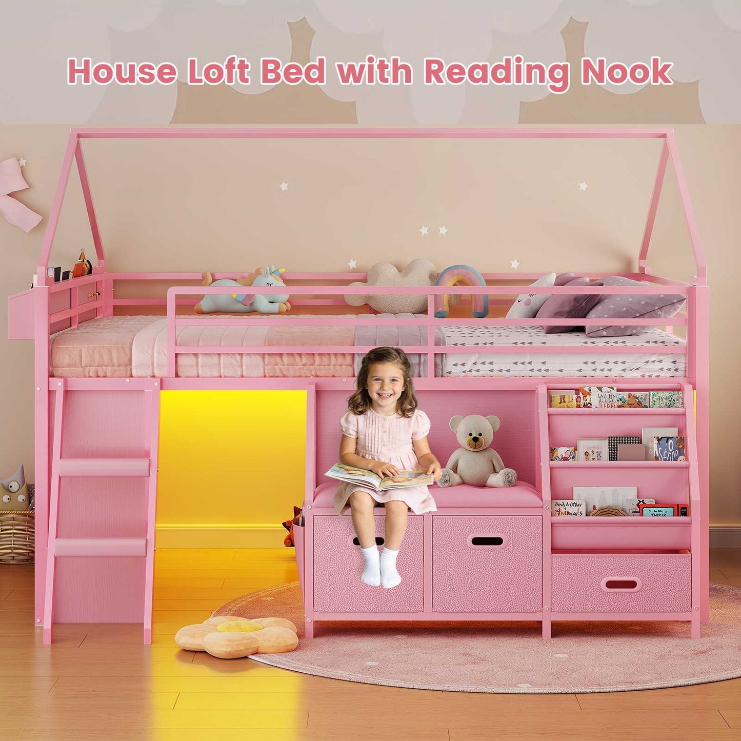 ADORNEVE Low Loft Bed Full Size with Bookshelf and Reading Nook Kids LED Loft Bed with 3 Drawers and Under-Bed Play Space Loft Bed with Safety Guardrail and Inclined Ladde Play Curtain