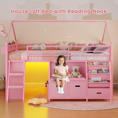 ADORNEVE Low Loft Bed Full Size with Bookshelf and Reading Nook Kids LED Loft Bed with 3 Drawers and Under-Bed Play Space Loft Bed with Safety Guardrail and Inclined Ladde Play Curtain