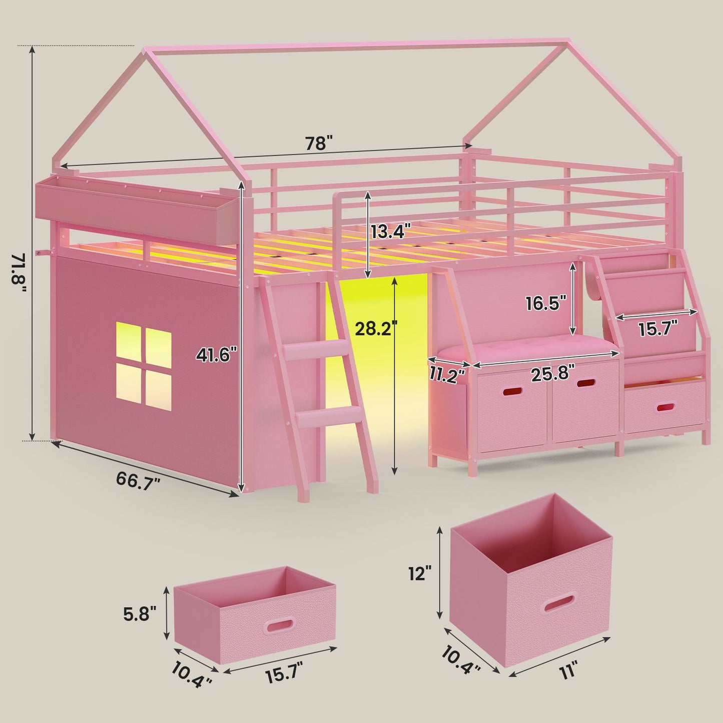 ADORNEVE Low Loft Bed Full Size with Bookshelf and Reading Nook Kids LED Loft Bed with 3 Drawers and Under-Bed Play Space Loft Bed with Safety Guardrail and Inclined Ladde Play Curtain