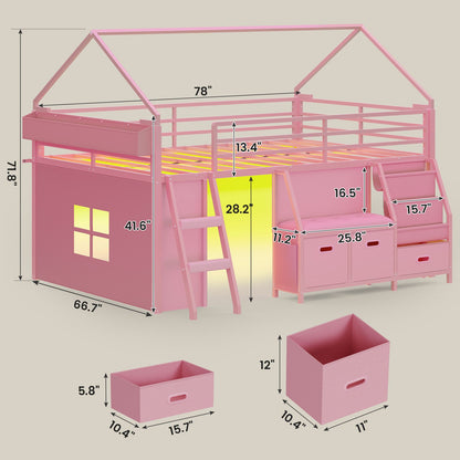 ADORNEVE Low Loft Bed Full Size with Bookshelf and Reading Nook Kids LED Loft Bed with 3 Drawers and Under-Bed Play Space Loft Bed with Safety Guardrail and Inclined Ladde Play Curtain