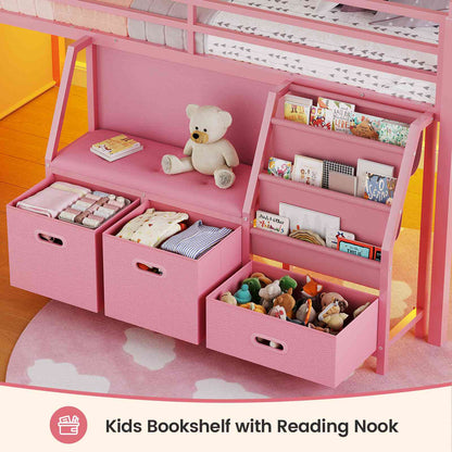 ADORNEVE Low Loft Bed Full Size with Bookshelf and Reading Nook Kids LED Loft Bed with 3 Drawers and Under-Bed Play Space Loft Bed with Safety Guardrail and Inclined Ladde Play Curtain
