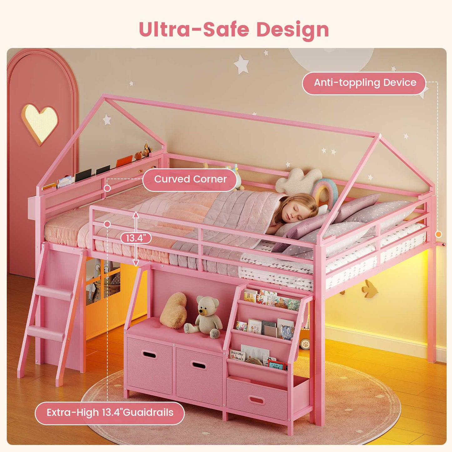 ADORNEVE Low Loft Bed Full Size with Bookshelf and Reading Nook Kids LED Loft Bed with 3 Drawers and Under-Bed Play Space Loft Bed with Safety Guardrail and Inclined Ladde Play Curtain