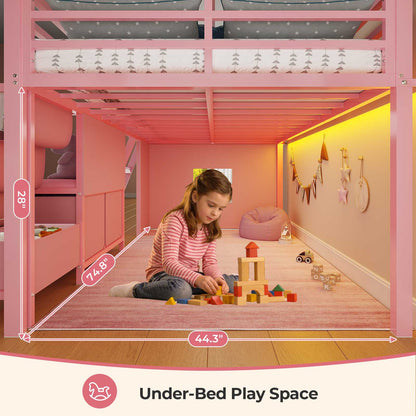 ADORNEVE Low Loft Bed Full Size with Bookshelf and Reading Nook Kids LED Loft Bed with 3 Drawers and Under-Bed Play Space Loft Bed with Safety Guardrail and Inclined Ladde Play Curtain