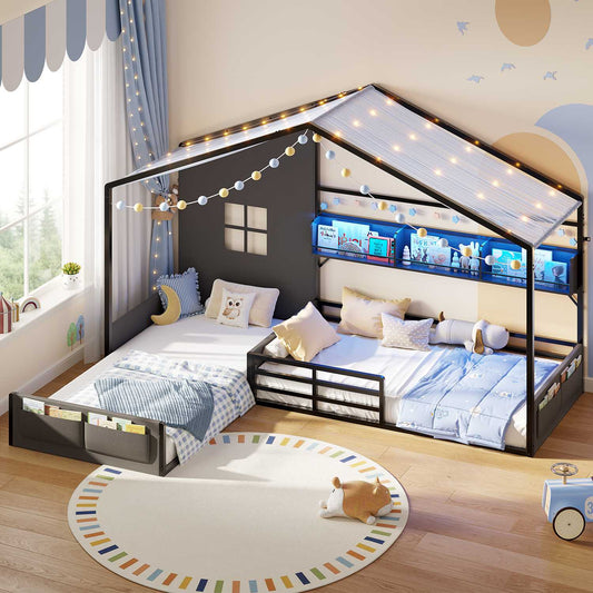 ADORNEVE Double Twin Size L-Shaped Montessori Floor Bed with Play Tent and LED Lights Kids Corner House Bed with Storage Bookshelf and Full Safety Guardrails