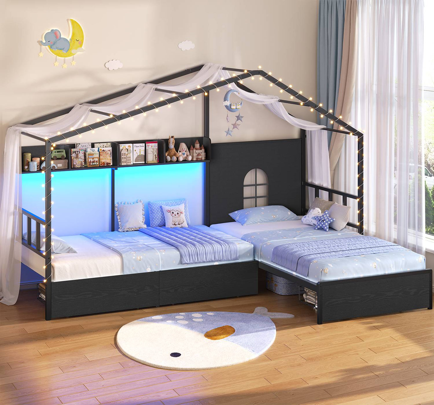 ADORNEVE L-Shaped Twin House Bed with Roof and 3 Rolling Storage Drawers Window Kids LED Bed with Tent Bookshelf Full Safety Guardrails