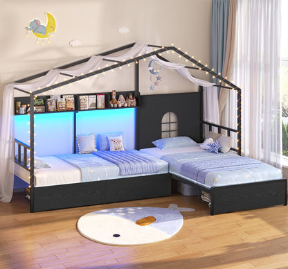 ADORNEVE L-Shaped Twin House Bed with Roof and 3 Rolling Storage Drawers Window Kids LED Bed with Tent Bookshelf Full Safety Guardrails