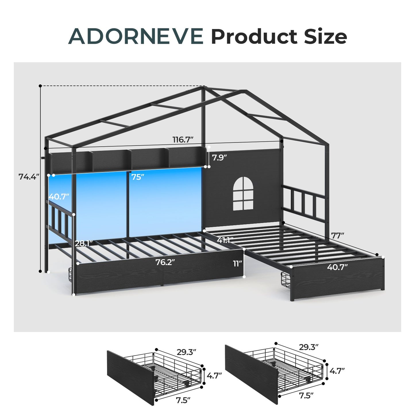 ADORNEVE L-Shaped Twin House Bed with Roof and 3 Rolling Storage Drawers Window Kids LED Bed with Tent Bookshelf Full Safety Guardrails