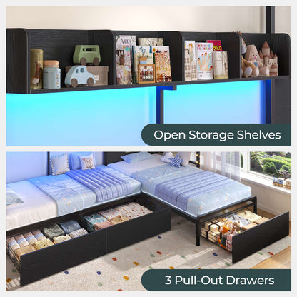 ADORNEVE L-Shaped Twin House Bed with Roof and 3 Rolling Storage Drawers Window Kids LED Bed with Tent Bookshelf Full Safety Guardrails