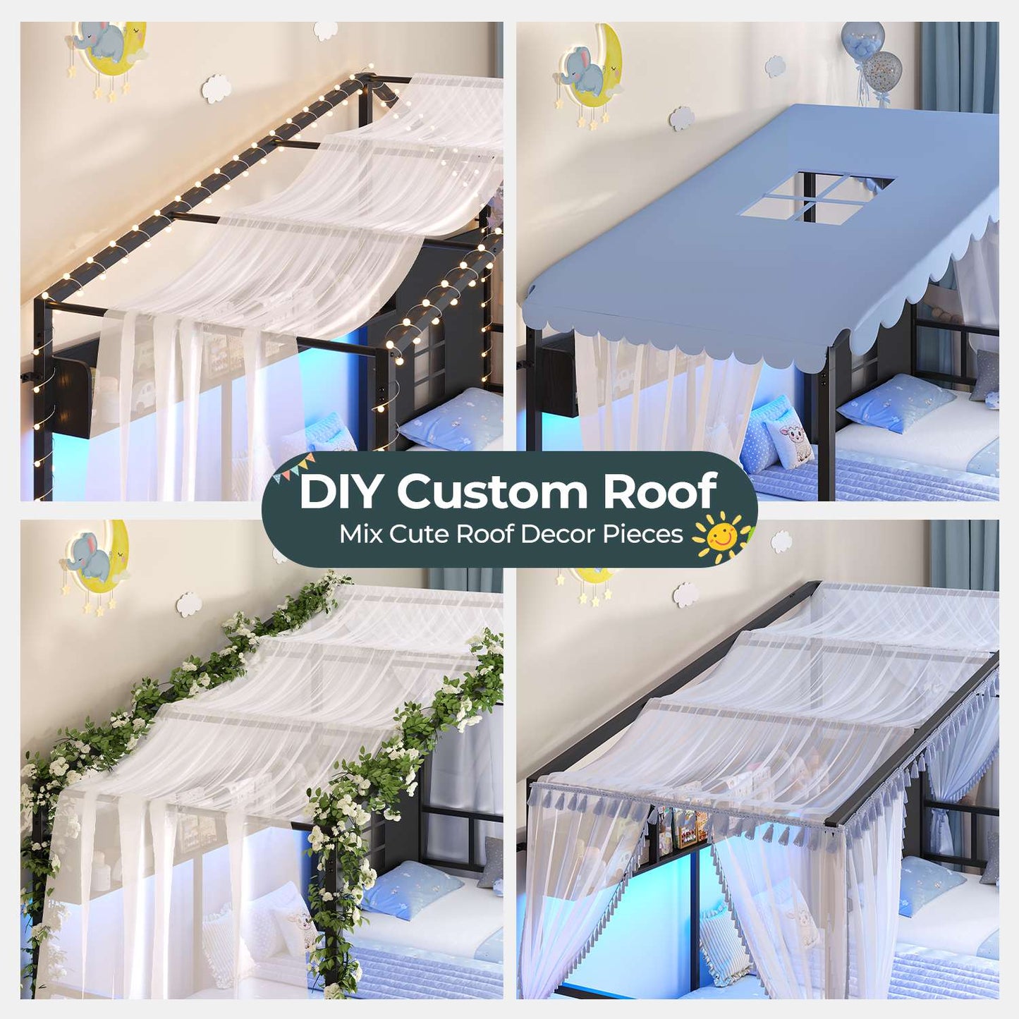 ADORNEVE L-Shaped Twin House Bed with Roof and 3 Rolling Storage Drawers Window Kids LED Bed with Tent Bookshelf Full Safety Guardrails