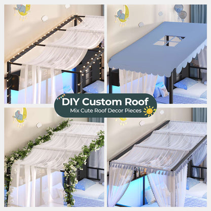 ADORNEVE L-Shaped Twin House Bed with Roof and 3 Rolling Storage Drawers Window Kids LED Bed with Tent Bookshelf Full Safety Guardrails