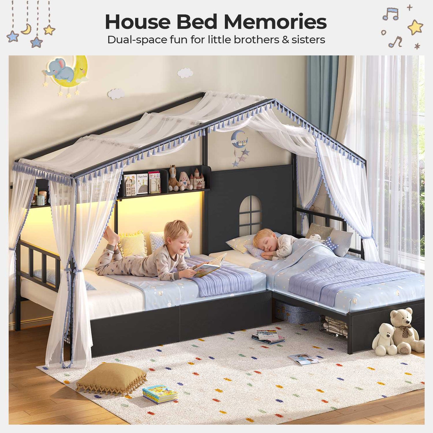 ADORNEVE L-Shaped Twin House Bed with Roof and 3 Rolling Storage Drawers Window Kids LED Bed with Tent Bookshelf Full Safety Guardrails