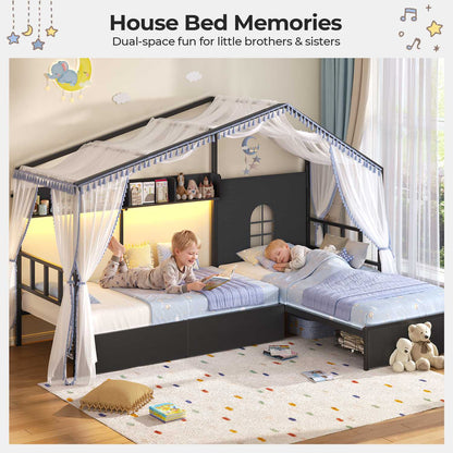 ADORNEVE L-Shaped Twin House Bed with Roof and 3 Rolling Storage Drawers Window Kids LED Bed with Tent Bookshelf Full Safety Guardrails