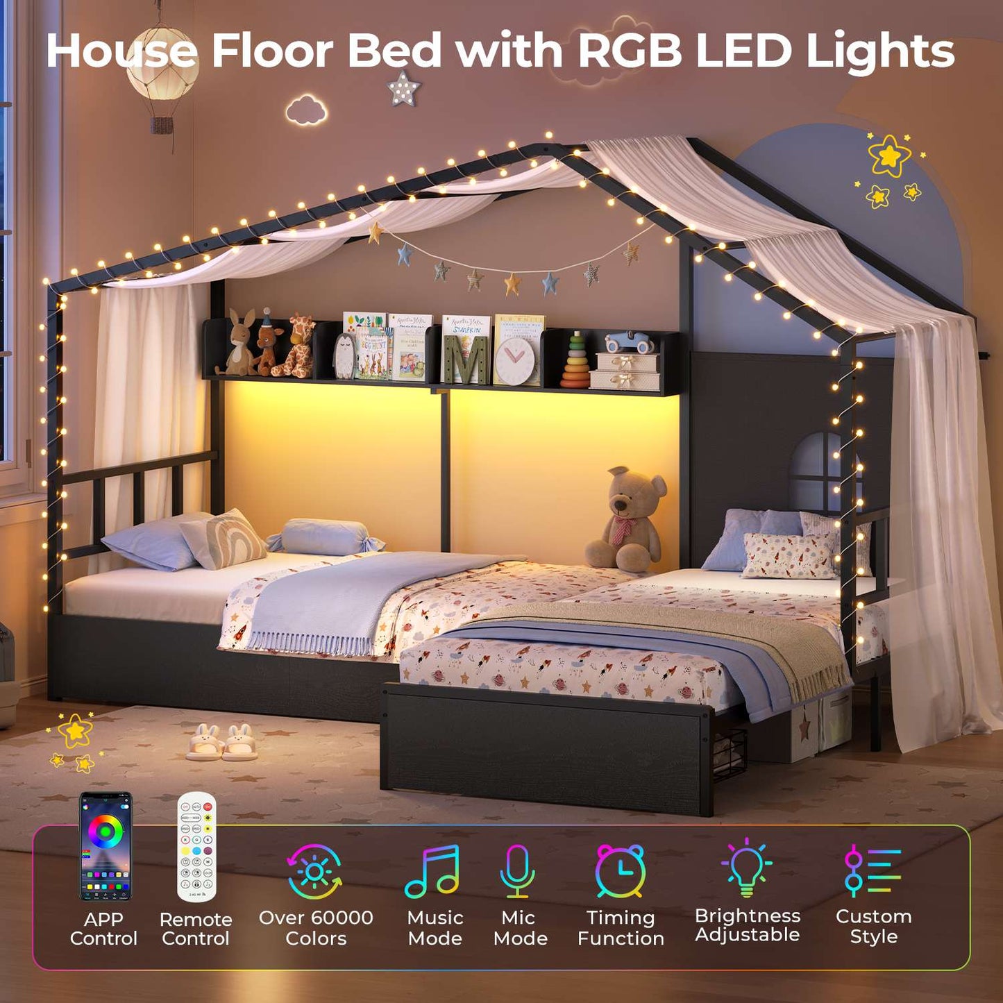 ADORNEVE L-Shaped Twin House Bed with Roof and 3 Rolling Storage Drawers Window Kids LED Bed with Tent Bookshelf Full Safety Guardrails