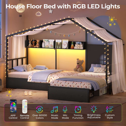 ADORNEVE L-Shaped Twin House Bed with Roof and 3 Rolling Storage Drawers Window Kids LED Bed with Tent Bookshelf Full Safety Guardrails