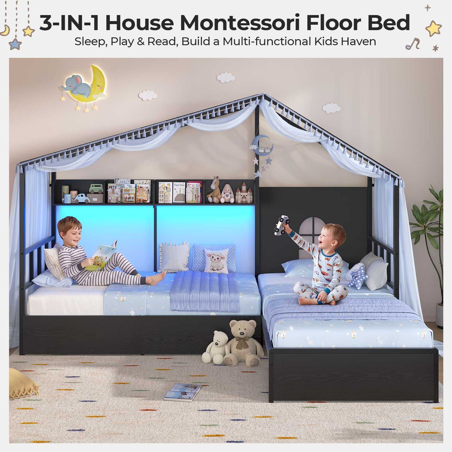 ADORNEVE L-Shaped Twin House Bed with Roof and 3 Rolling Storage Drawers Window Kids LED Bed with Tent Bookshelf Full Safety Guardrails