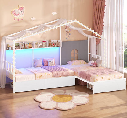 ADORNEVE L-Shaped Twin House Bed with Roof and 3 Rolling Storage Drawers Window Kids LED Bed with Tent Bookshelf Full Safety Guardrails