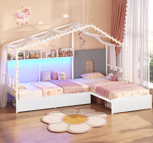 ADORNEVE L-Shaped Twin House Bed with Roof and 3 Rolling Storage Drawers Window Kids LED Bed with Tent Bookshelf Full Safety Guardrails