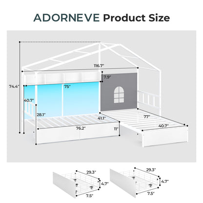 ADORNEVE L-Shaped Twin House Bed with Roof and 3 Rolling Storage Drawers Window Kids LED Bed with Tent Bookshelf Full Safety Guardrails