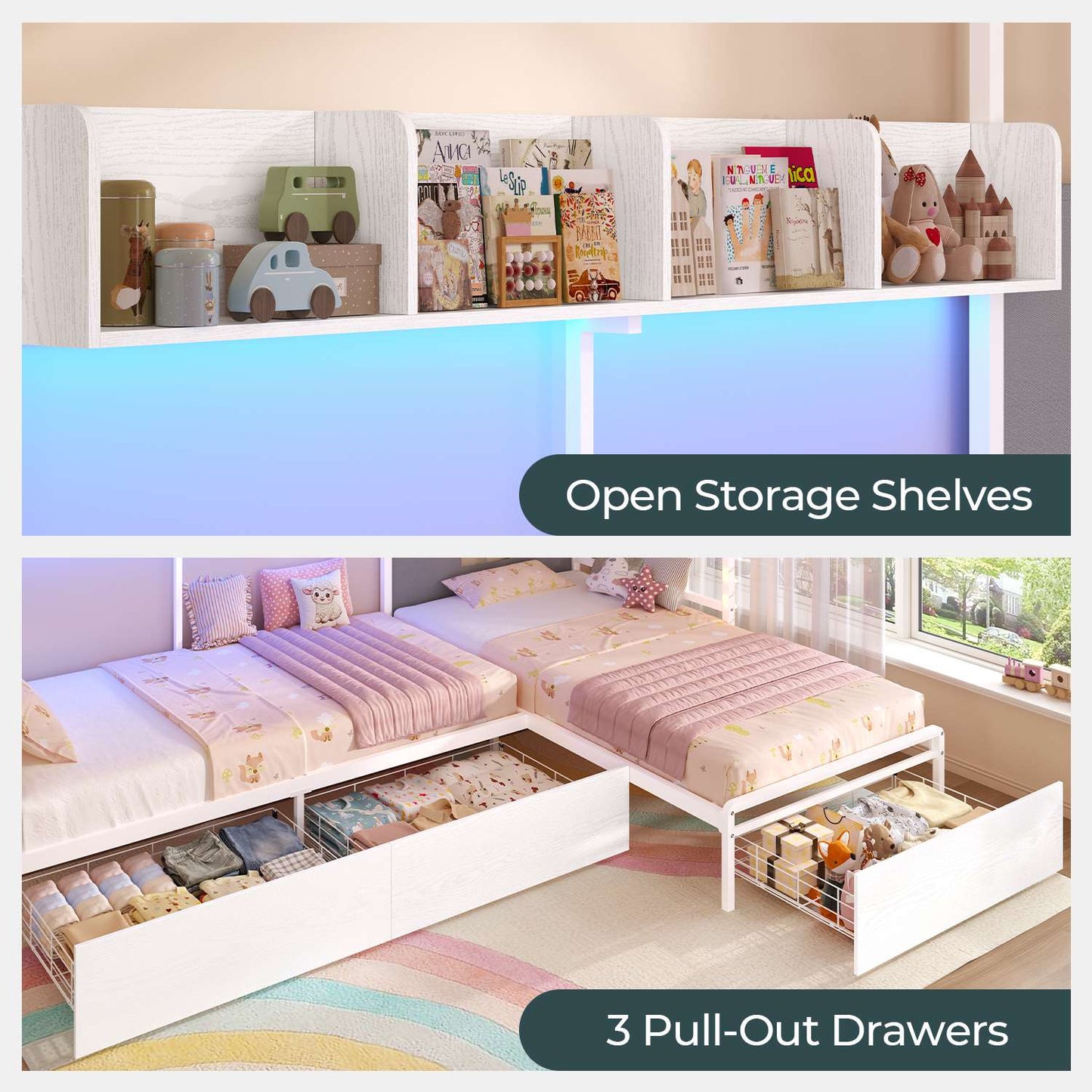 ADORNEVE L-Shaped Twin House Bed with Roof and 3 Rolling Storage Drawers Window Kids LED Bed with Tent Bookshelf Full Safety Guardrails