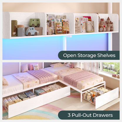 ADORNEVE L-Shaped Twin House Bed with Roof and 3 Rolling Storage Drawers Window Kids LED Bed with Tent Bookshelf Full Safety Guardrails