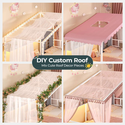 ADORNEVE L-Shaped Twin House Bed with Roof and 3 Rolling Storage Drawers Window Kids LED Bed with Tent Bookshelf Full Safety Guardrails
