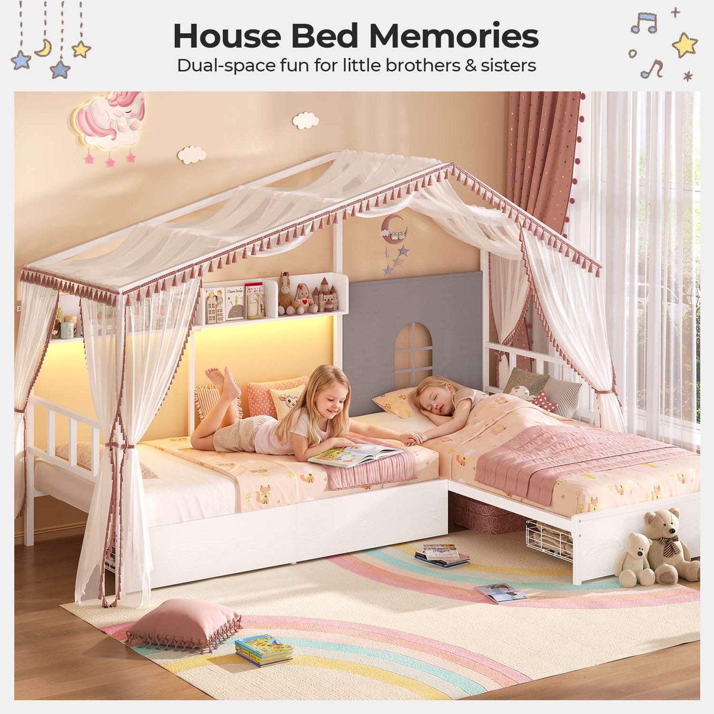 ADORNEVE L-Shaped Twin House Bed with Roof and 3 Rolling Storage Drawers Window Kids LED Bed with Tent Bookshelf Full Safety Guardrails