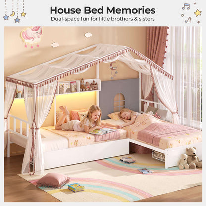 ADORNEVE L-Shaped Twin House Bed with Roof and 3 Rolling Storage Drawers Window Kids LED Bed with Tent Bookshelf Full Safety Guardrails