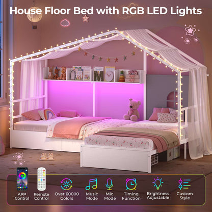 ADORNEVE L-Shaped Twin House Bed with Roof and 3 Rolling Storage Drawers Window Kids LED Bed with Tent Bookshelf Full Safety Guardrails