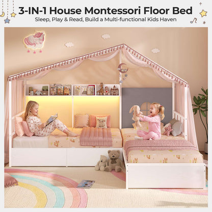 ADORNEVE L-Shaped Twin House Bed with Roof and 3 Rolling Storage Drawers Window Kids LED Bed with Tent Bookshelf Full Safety Guardrails