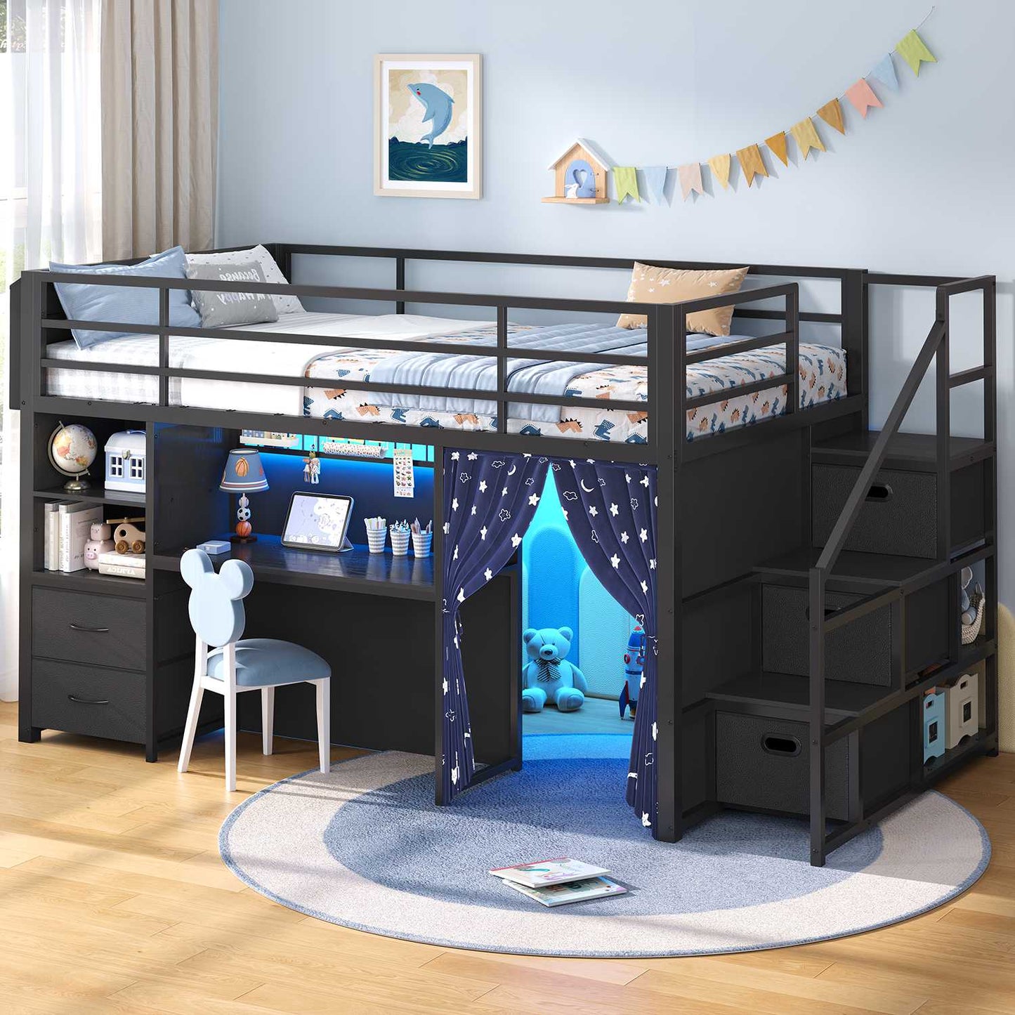 ADORNEVE Low Loft Bed Twin Size with Stairs and Privacy Curtain LED loft bed with Art  Drawing Desk and 5 Drawers Kids Loft Bed with Bookshelf and Safety Guardrail Under-Bed Play Space