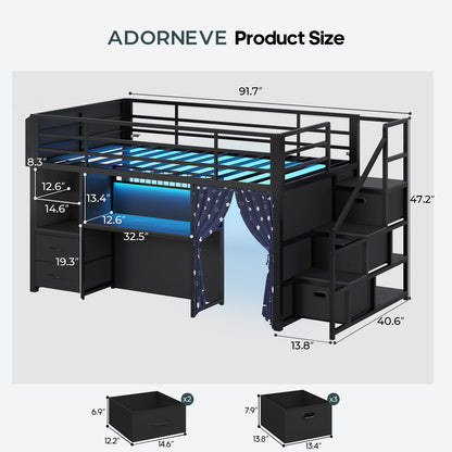 ADORNEVE Low Loft Bed Twin Size with Stairs and Privacy Curtain LED loft bed with Art  Drawing Desk and 5 Drawers Kids Loft Bed with Bookshelf and Safety Guardrail Under-Bed Play Space