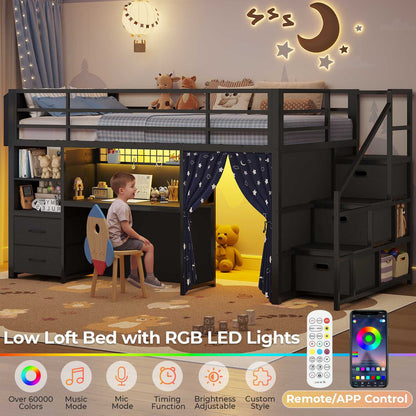 ADORNEVE Low Loft Bed Twin Size with Stairs and Privacy Curtain LED loft bed with Art  Drawing Desk and 5 Drawers Kids Loft Bed with Bookshelf and Safety Guardrail Under-Bed Play Space