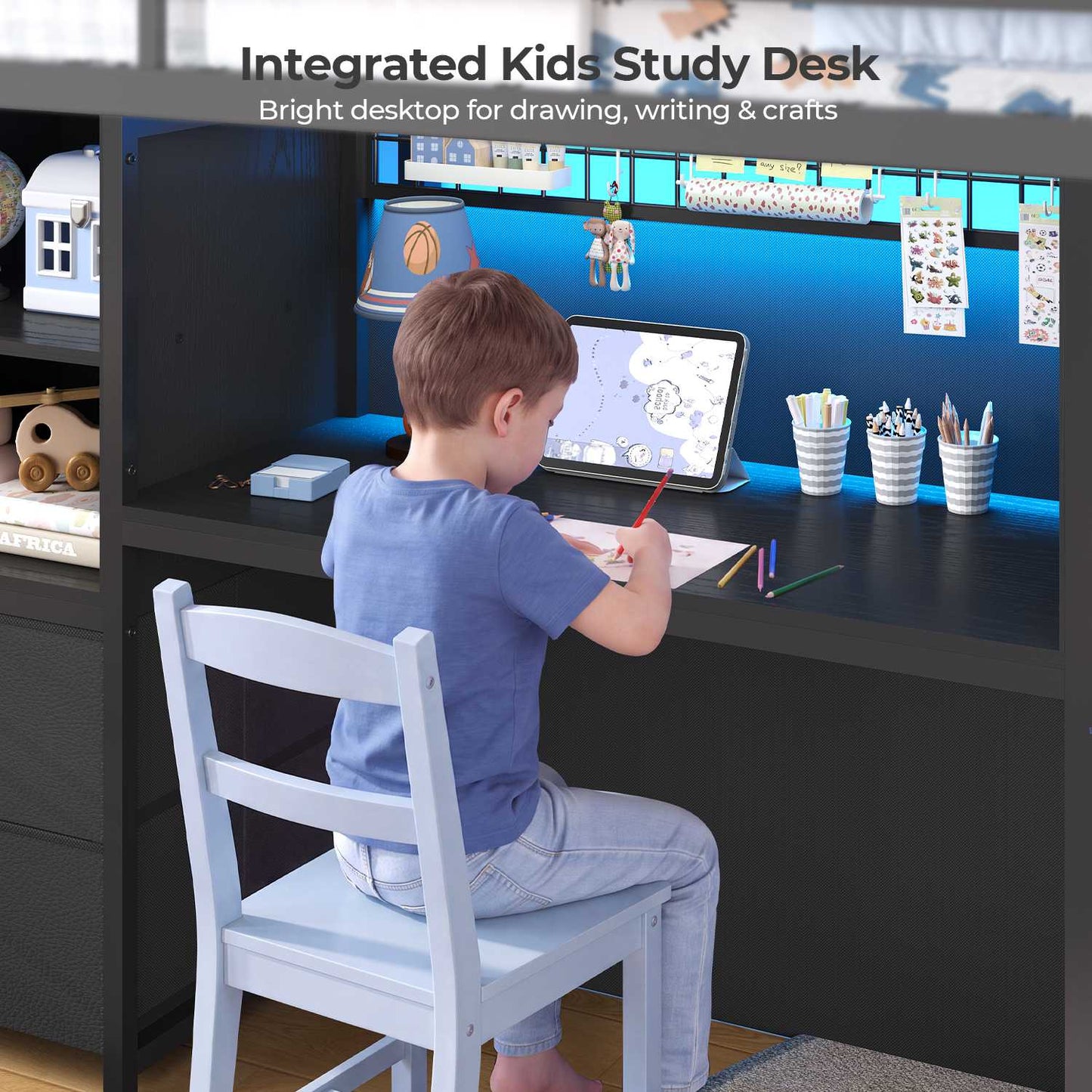 ADORNEVE Low Loft Bed Twin Size with Stairs and Privacy Curtain LED loft bed with Art  Drawing Desk and 5 Drawers Kids Loft Bed with Bookshelf and Safety Guardrail Under-Bed Play Space