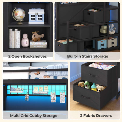 ADORNEVE Low Loft Bed Twin Size with Stairs and Privacy Curtain LED loft bed with Art  Drawing Desk and 5 Drawers Kids Loft Bed with Bookshelf and Safety Guardrail Under-Bed Play Space