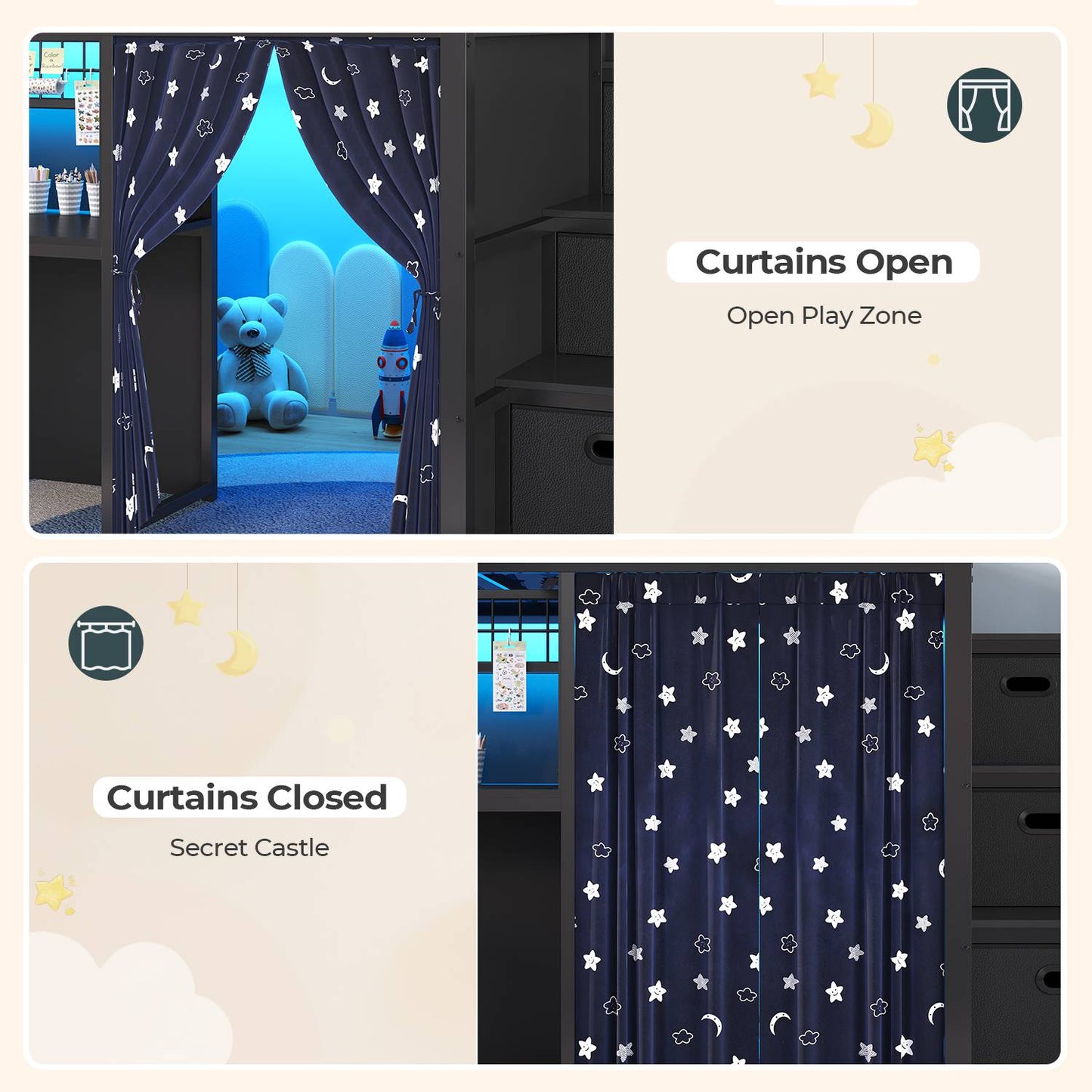 ADORNEVE Low Loft Bed Twin Size with Stairs and Privacy Curtain LED loft bed with Art  Drawing Desk and 5 Drawers Kids Loft Bed with Bookshelf and Safety Guardrail Under-Bed Play Space