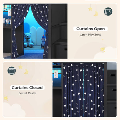 ADORNEVE Low Loft Bed Twin Size with Stairs and Privacy Curtain LED loft bed with Art  Drawing Desk and 5 Drawers Kids Loft Bed with Bookshelf and Safety Guardrail Under-Bed Play Space