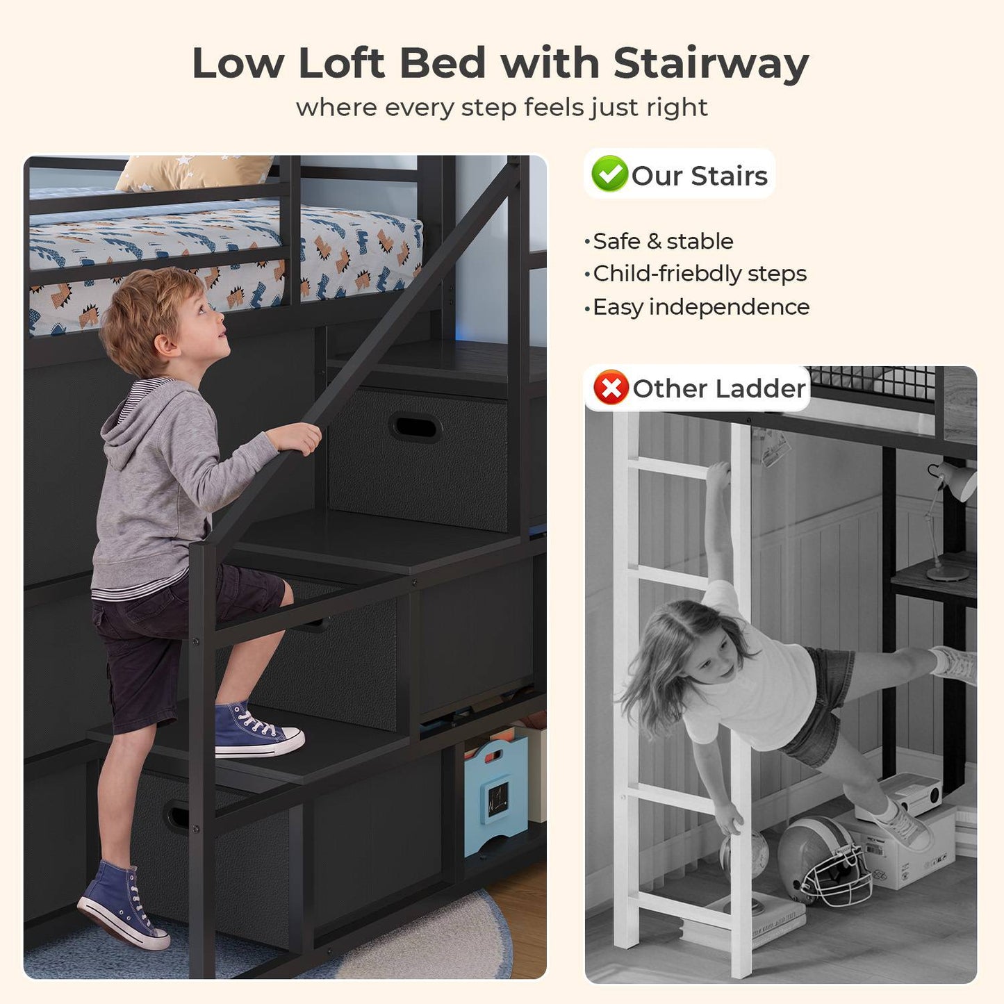 ADORNEVE Low Loft Bed Twin Size with Stairs and Privacy Curtain LED loft bed with Art  Drawing Desk and 5 Drawers Kids Loft Bed with Bookshelf and Safety Guardrail Under-Bed Play Space