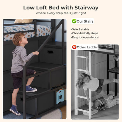 ADORNEVE Low Loft Bed Twin Size with Stairs and Privacy Curtain LED loft bed with Art  Drawing Desk and 5 Drawers Kids Loft Bed with Bookshelf and Safety Guardrail Under-Bed Play Space