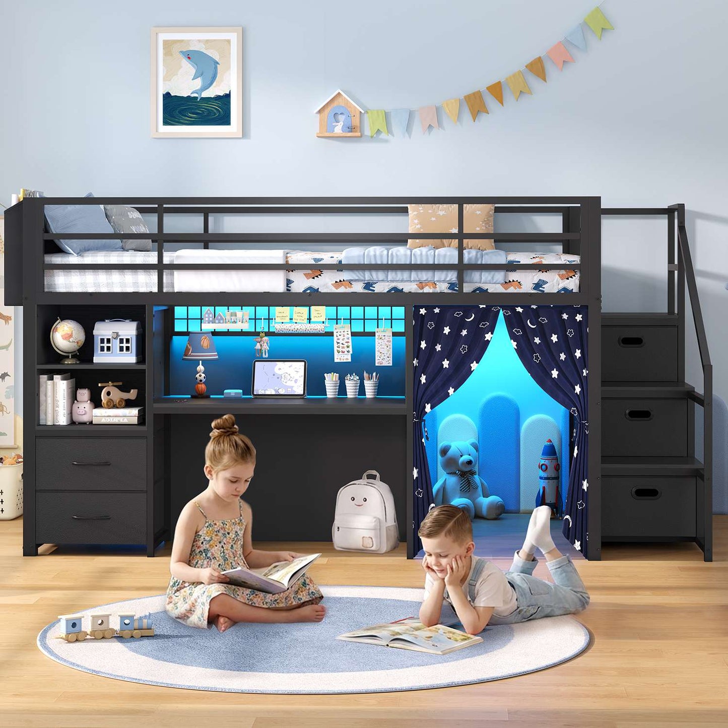 ADORNEVE Low Loft Bed Twin Size with Stairs and Privacy Curtain LED loft bed with Art  Drawing Desk and 5 Drawers Kids Loft Bed with Bookshelf and Safety Guardrail Under-Bed Play Space