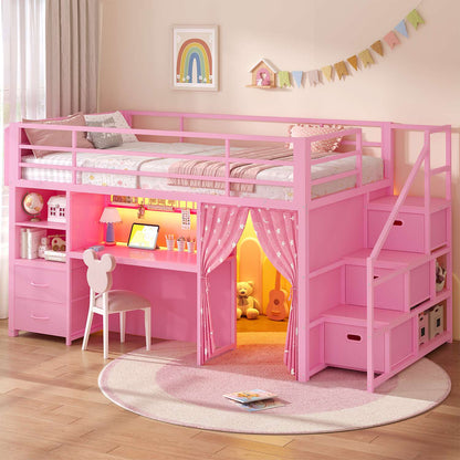 ADORNEVE Low Loft Bed Twin Size with Stairs and Privacy Curtain LED loft bed with Art  Drawing Desk and 5 Drawers Kids Loft Bed with Bookshelf and Safety Guardrail Under-Bed Play Space