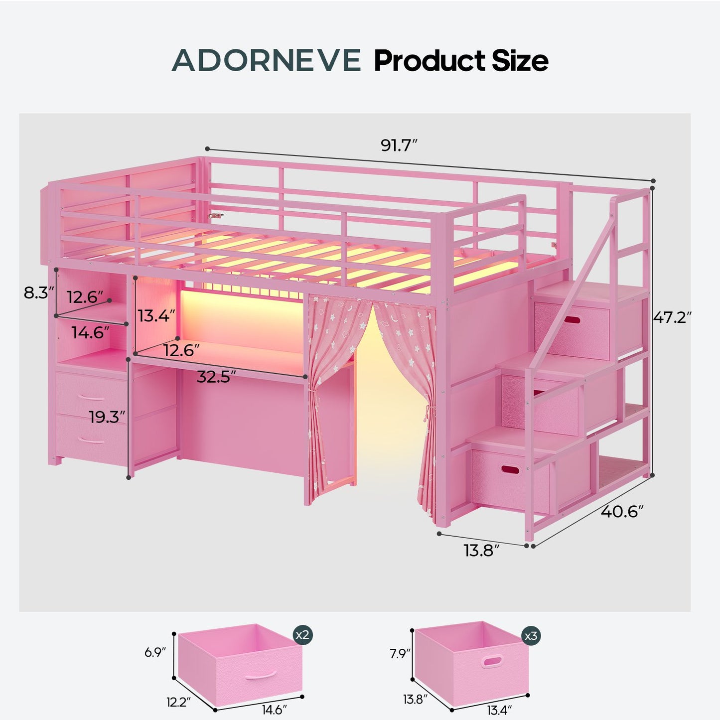 ADORNEVE Low Loft Bed Twin Size with Stairs and Privacy Curtain LED loft bed with Art  Drawing Desk and 5 Drawers Kids Loft Bed with Bookshelf and Safety Guardrail Under-Bed Play Space